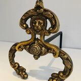 Pair of neoclassical andirons in bronze and wrought iron