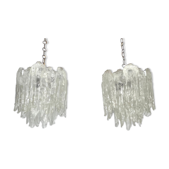 Mazzega Ice glass, pair of vintage murano chandeliers from 70s