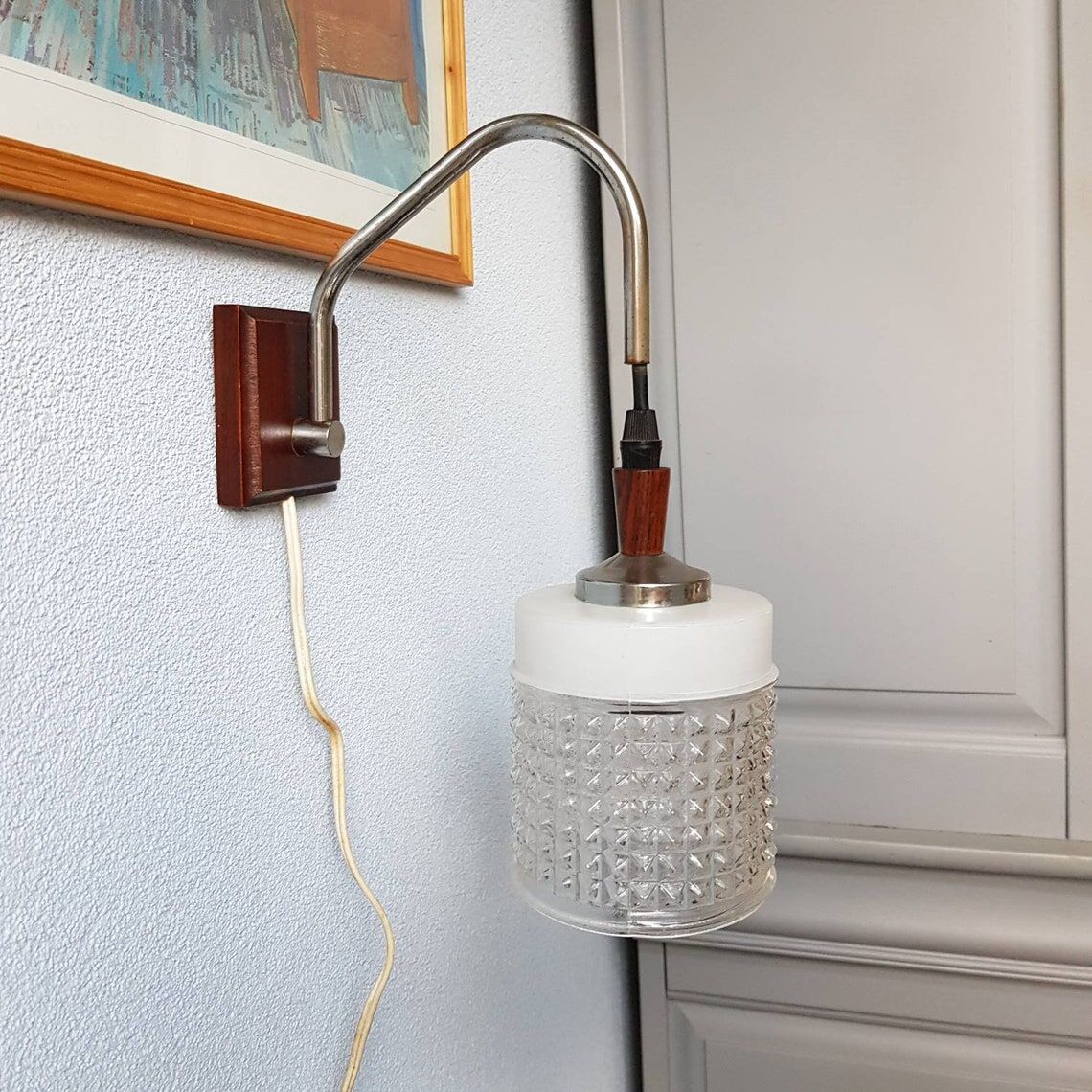 Wall lamp in wood and chrome glass 70s