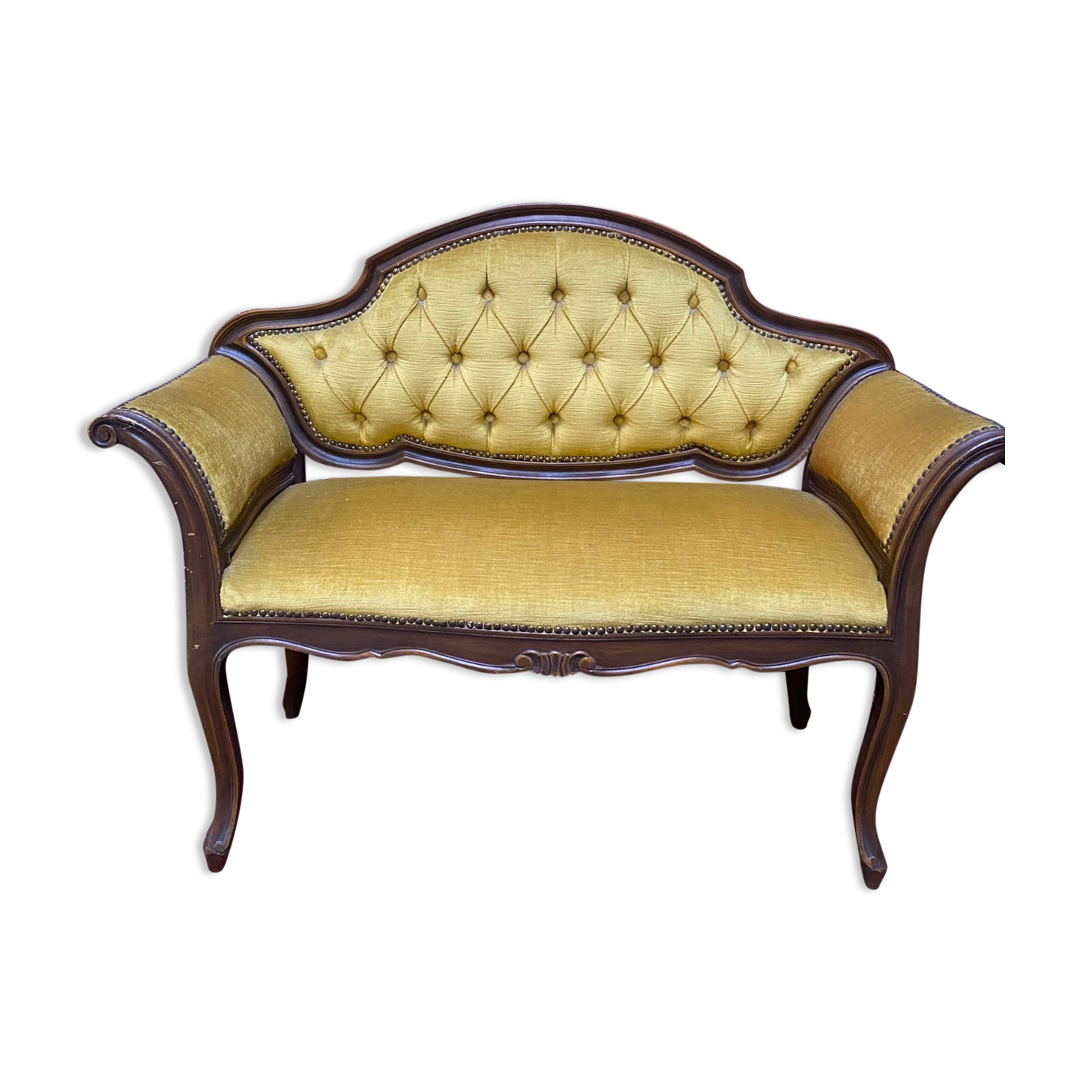 Louis XV style bench upholstered yellow velvet
