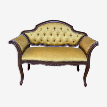 Banquette style Louis XV capitonnée velours jaune