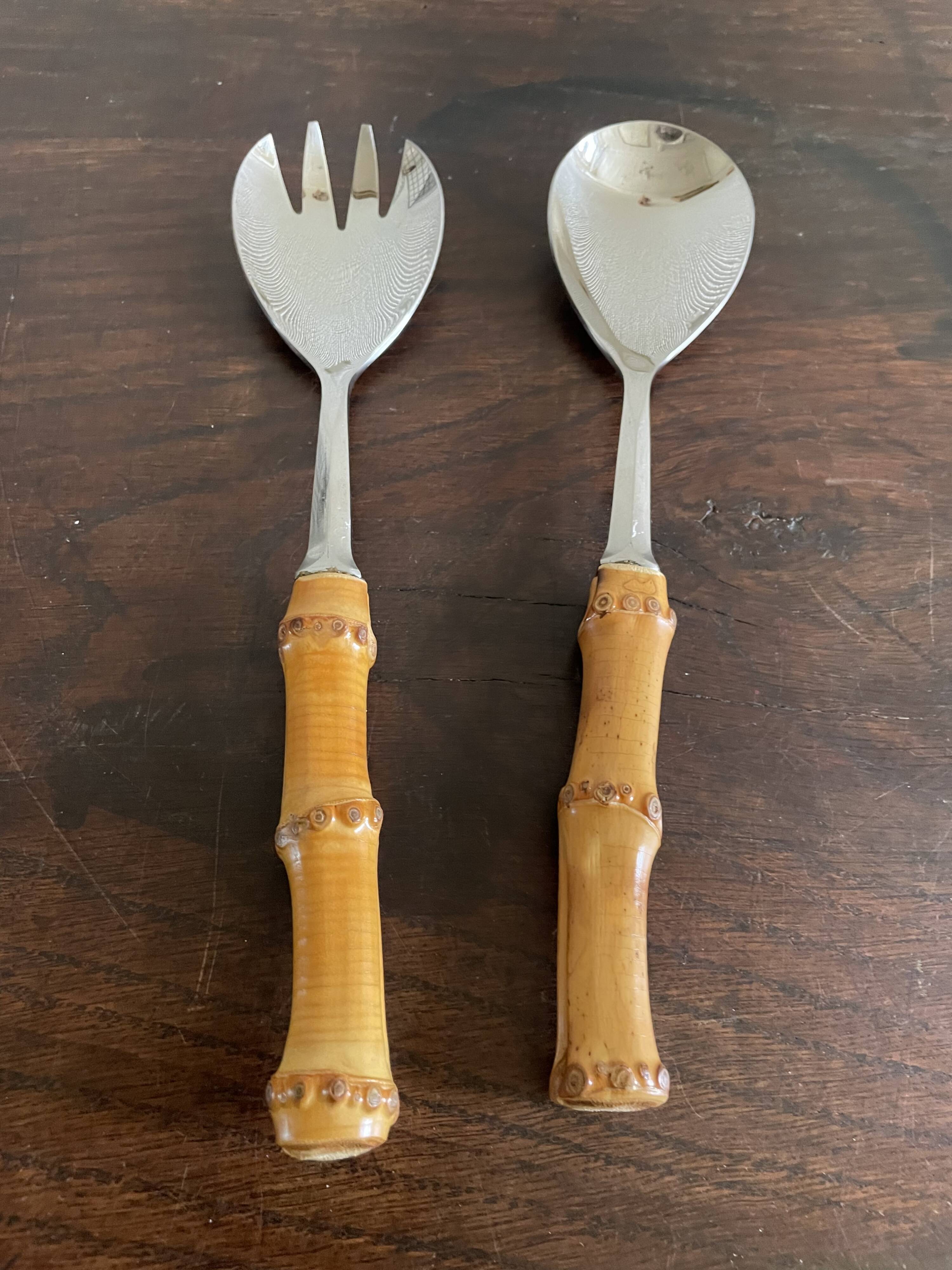 Serving cutlery with bamboo and stainless steel handles