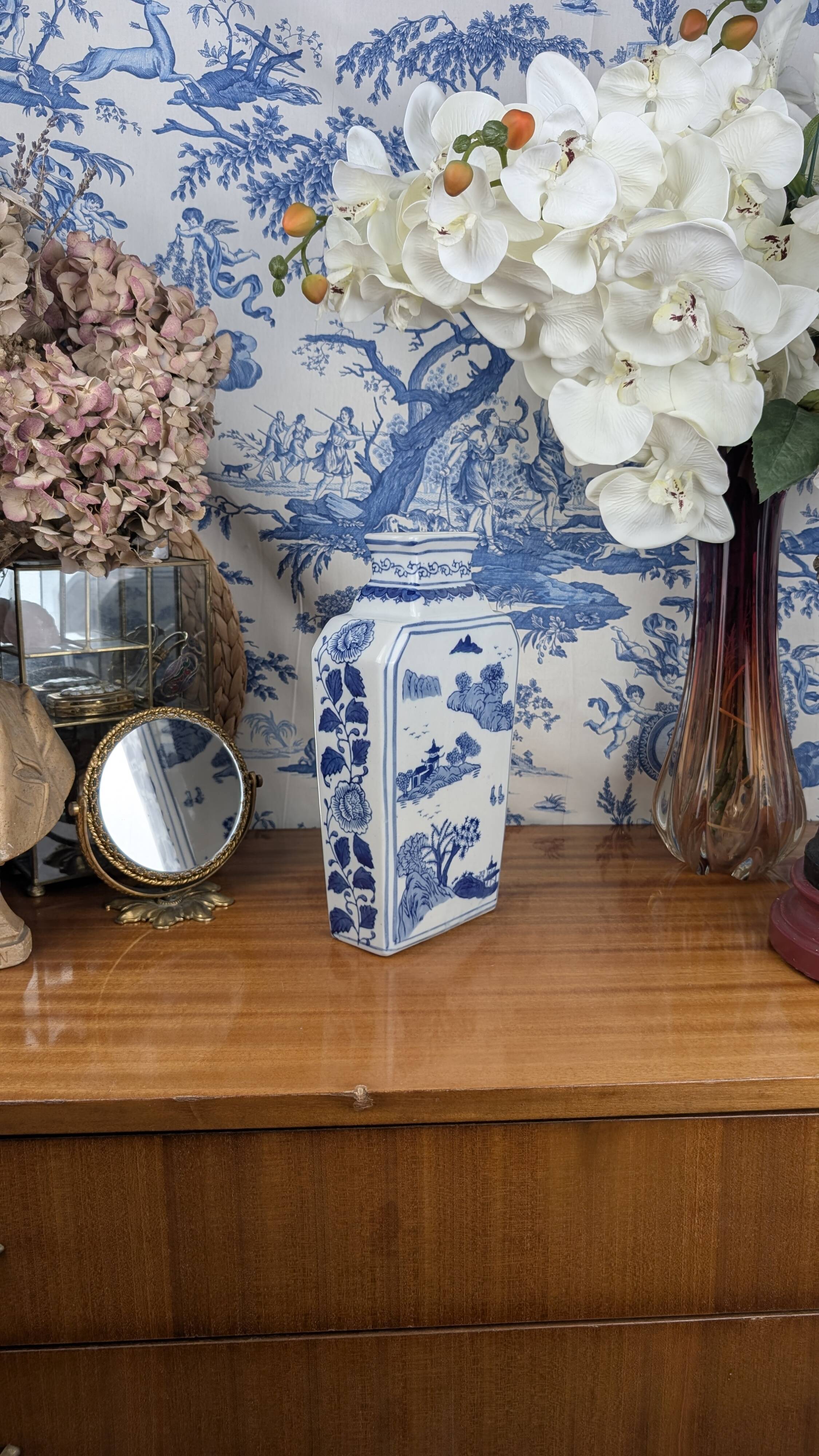 Rectangular Hue Blue Vase Vietnamese Landscape Decor 20th Century