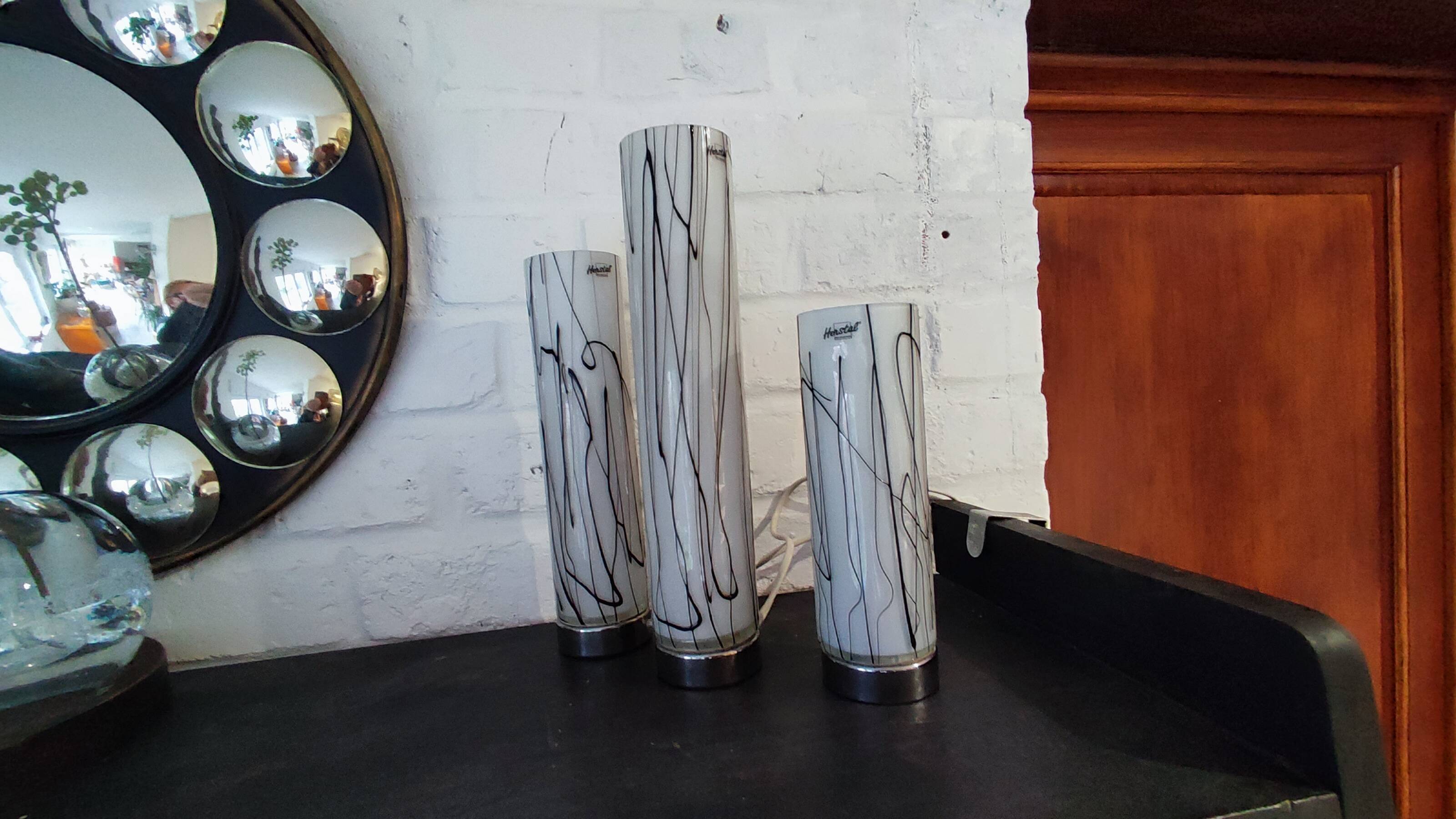 3 glass table lamps by Herstal, Denmark 1980