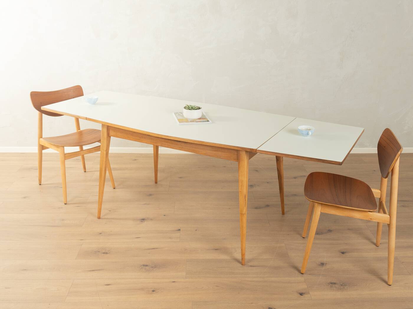 Classic extendable dining table from the 1950s, solid ash wood, new cream white Resopal top