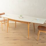 Classic extendable dining table from the 1950s, solid ash wood, new cream white Resopal top