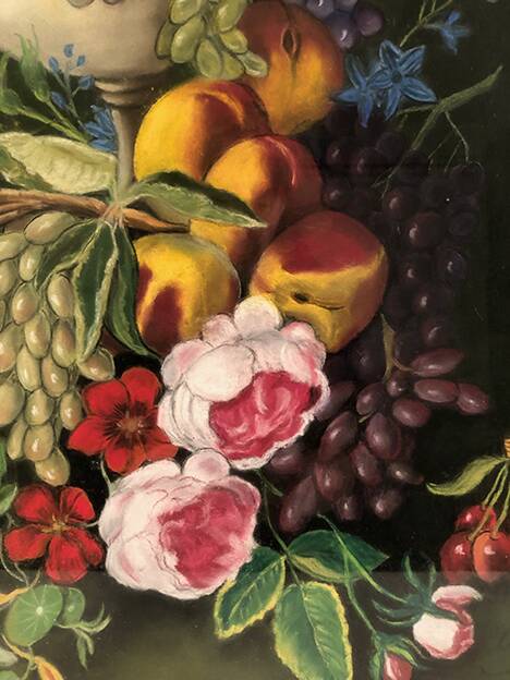 Large pastel signed Annie Faure, still life with flowers and fruits