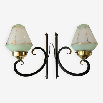 Pair of sconces in green granite glass and black wrought iron 50s-60s