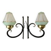 Pair of sconces in green granite glass and black wrought iron 50s-60s