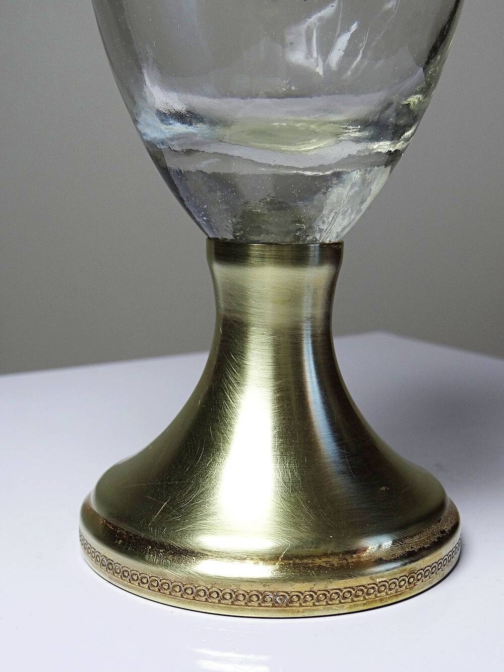 Vintage decorative jug in moulded glass and gilded brass, Italy circa 1980.