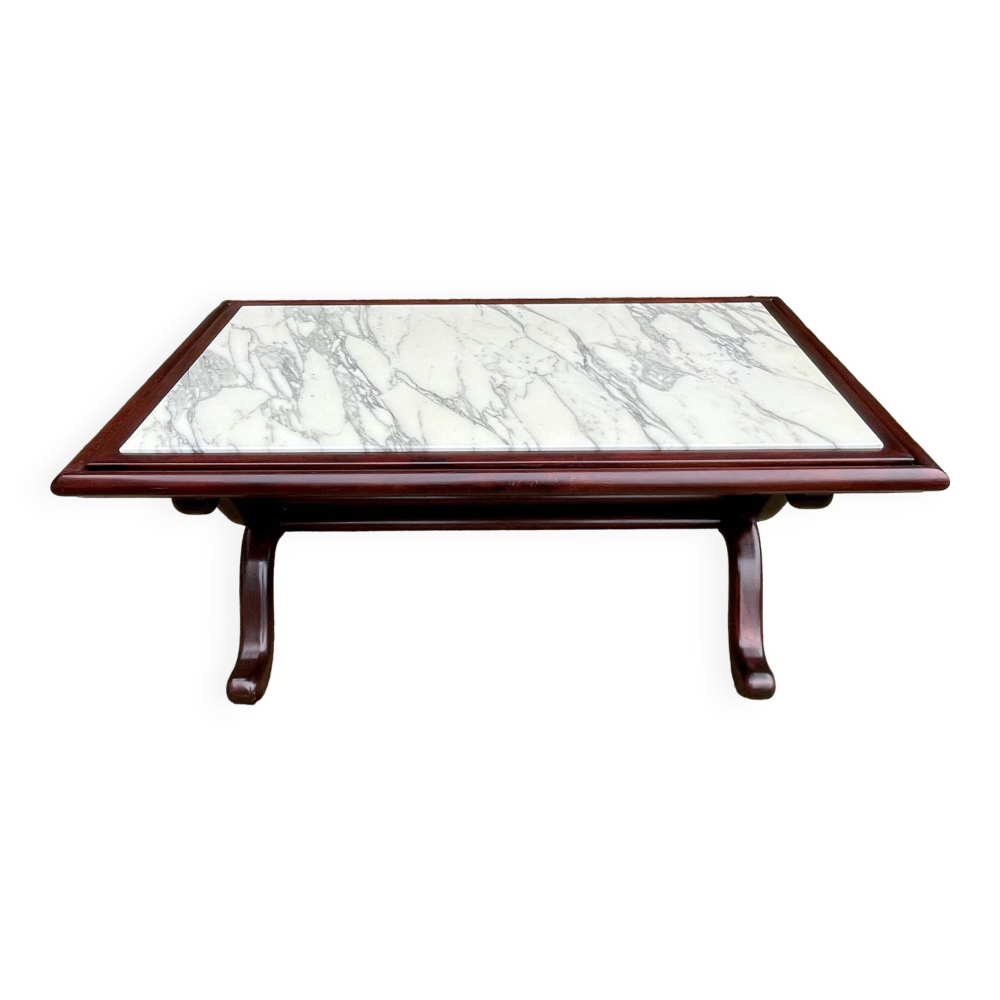 Coffee table in white marble and mahogany wood
