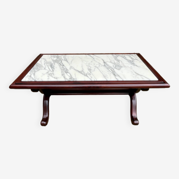 Table basse en marbre blanc et bois acajou