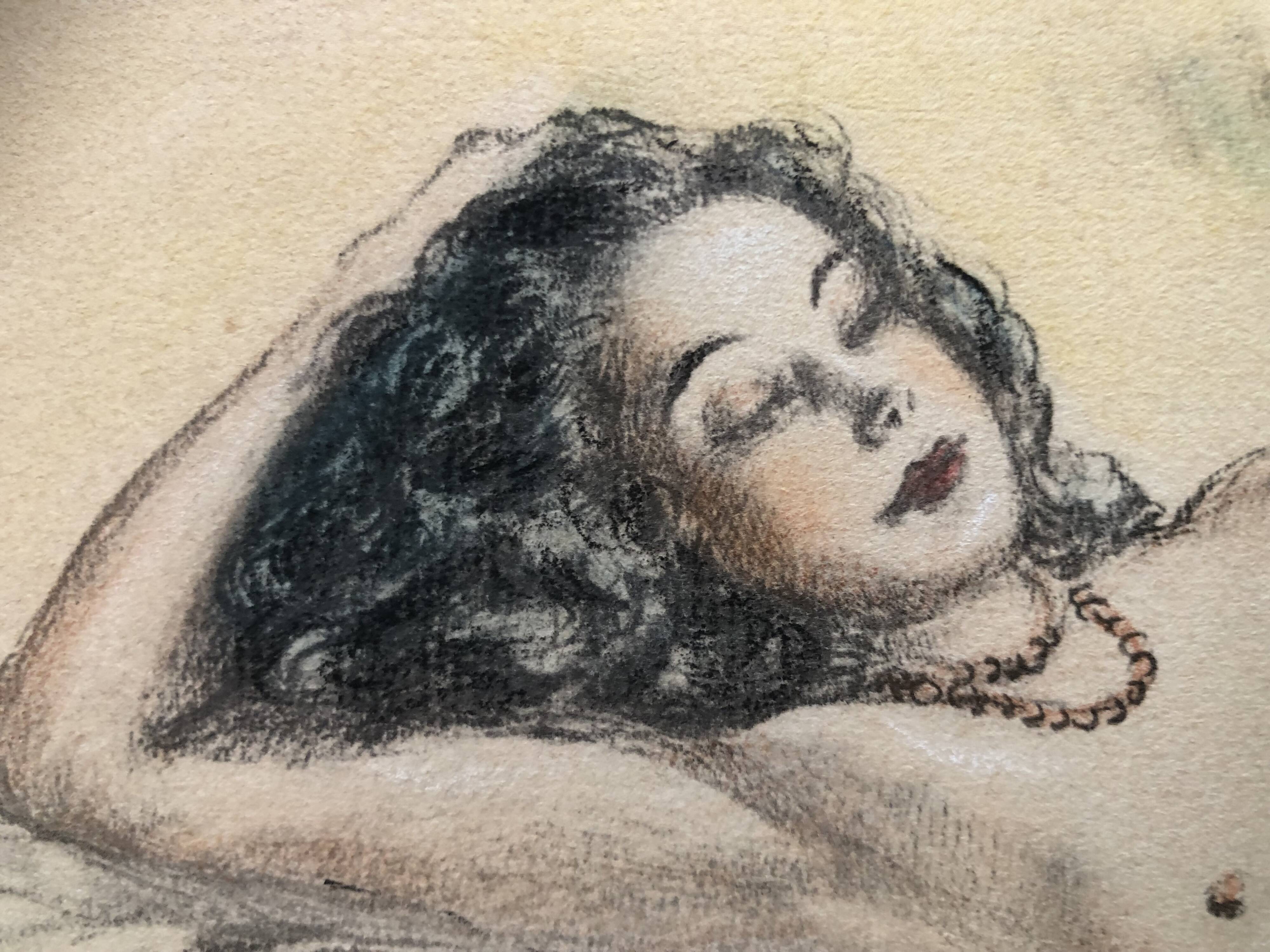 Pencil and pastel drawing xix paper: naked woman lying on a sheet, signed adam (hugo?), fine arts