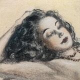 Pencil and pastel drawing xix paper: naked woman lying on a sheet, signed adam (hugo?), fine arts