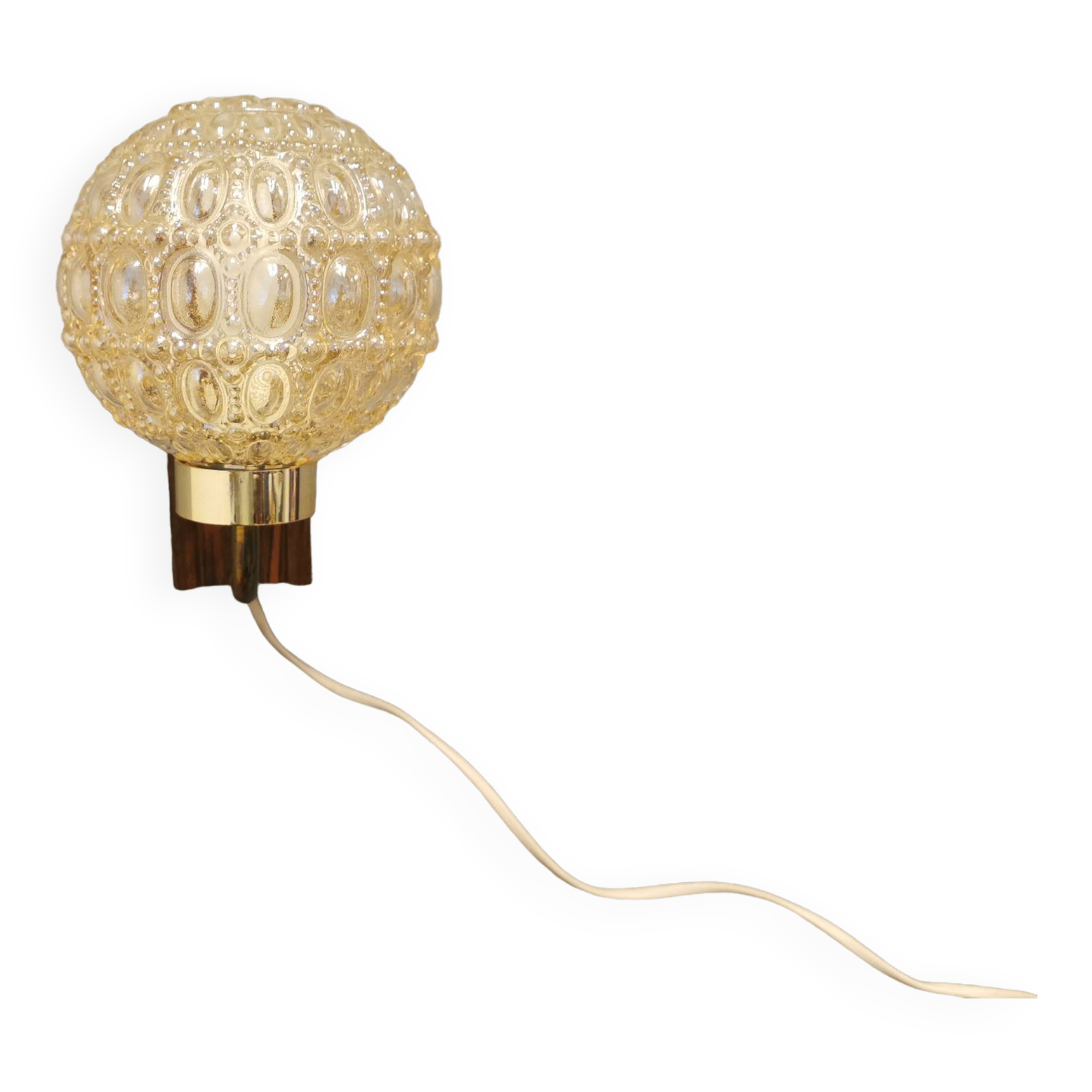 Wall light in rosewood with bobble glass ball shade.