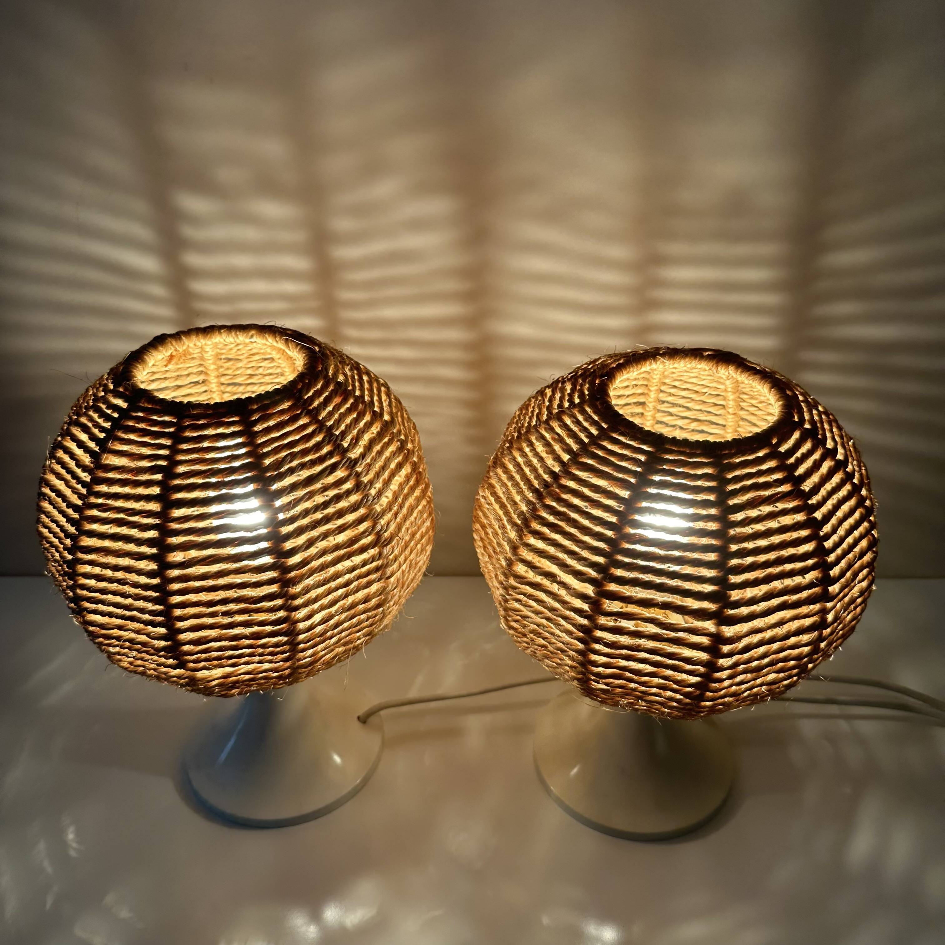 2 vintage table lamps, bedside lamp, sisal lamps, ball lamp, boho, mid-century interior