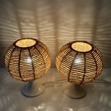 2 vintage table lamps, bedside lamp, sisal lamps, ball lamp, boho, mid-century interior