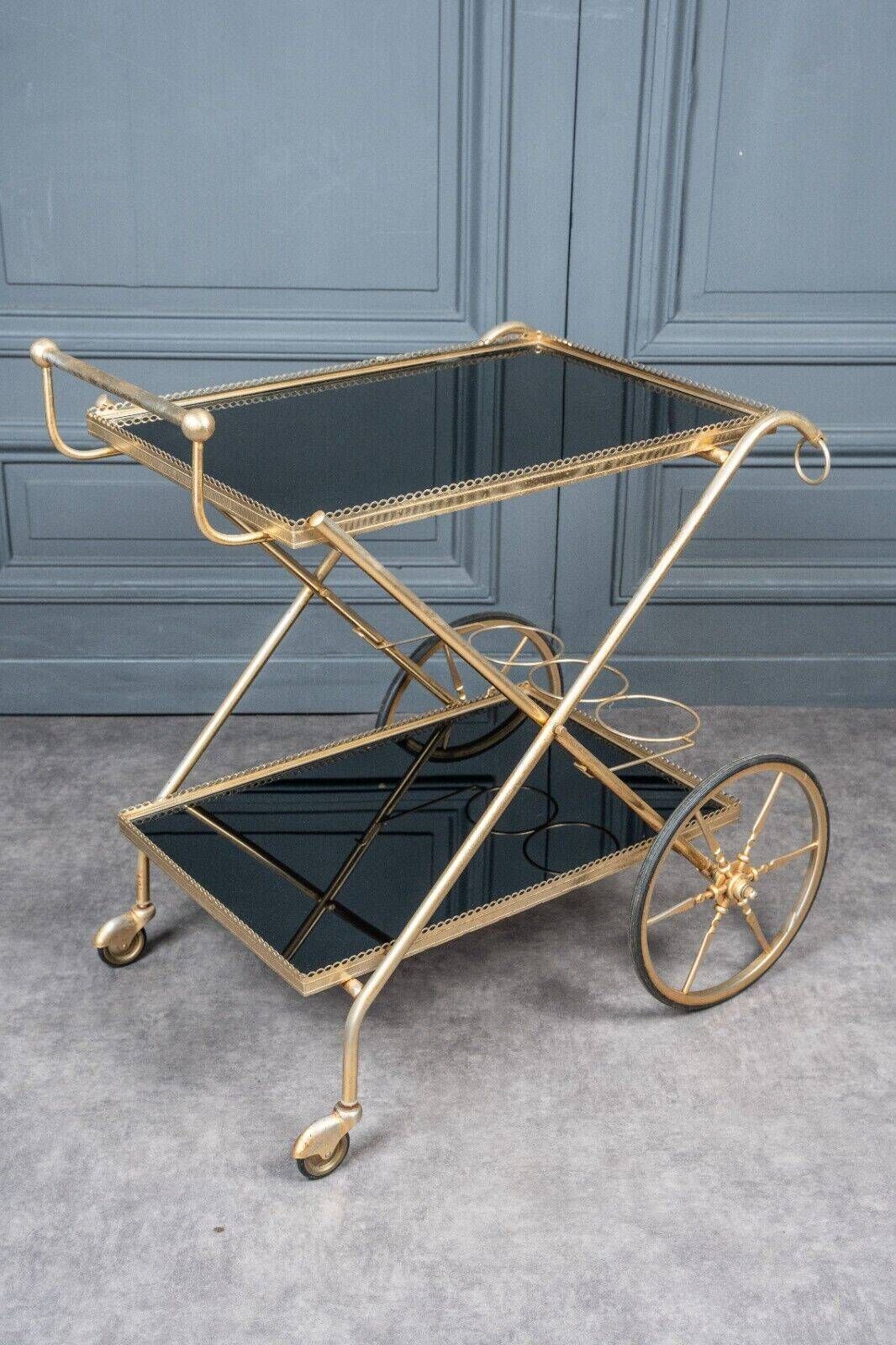 Rolling bar trolley in gold metal and black opaline two trays 1960