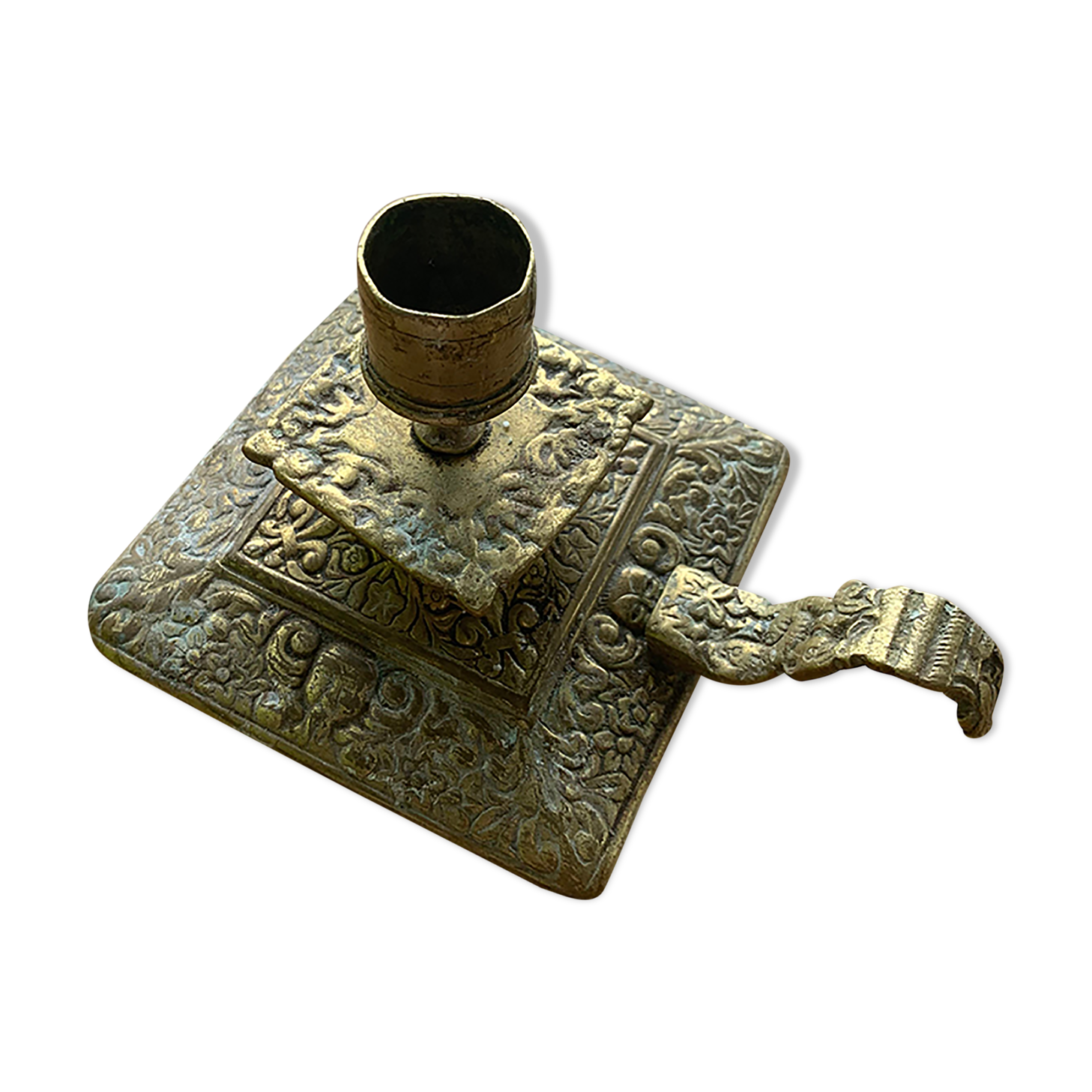 Cellar rat candlestick in gilded brass chised flower pattern, foliage and old face