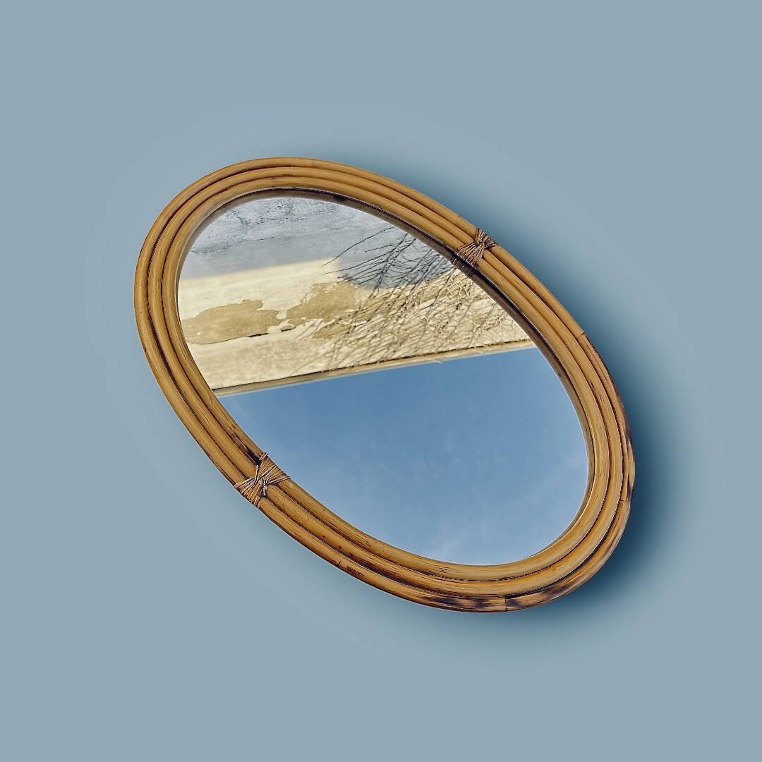 Large oval wall mirror in bamboo – bohemian chic style – 1960s–1970s