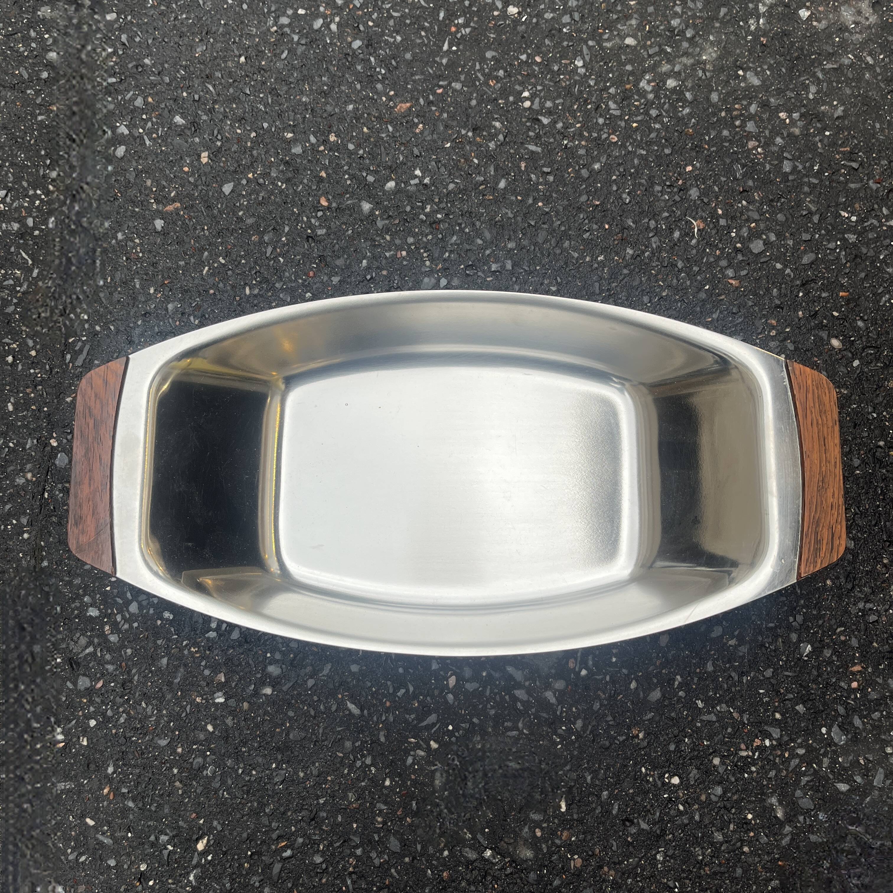 Large rectangular stainless steel and teak dish Braun & Kemmler West Germany 1970
