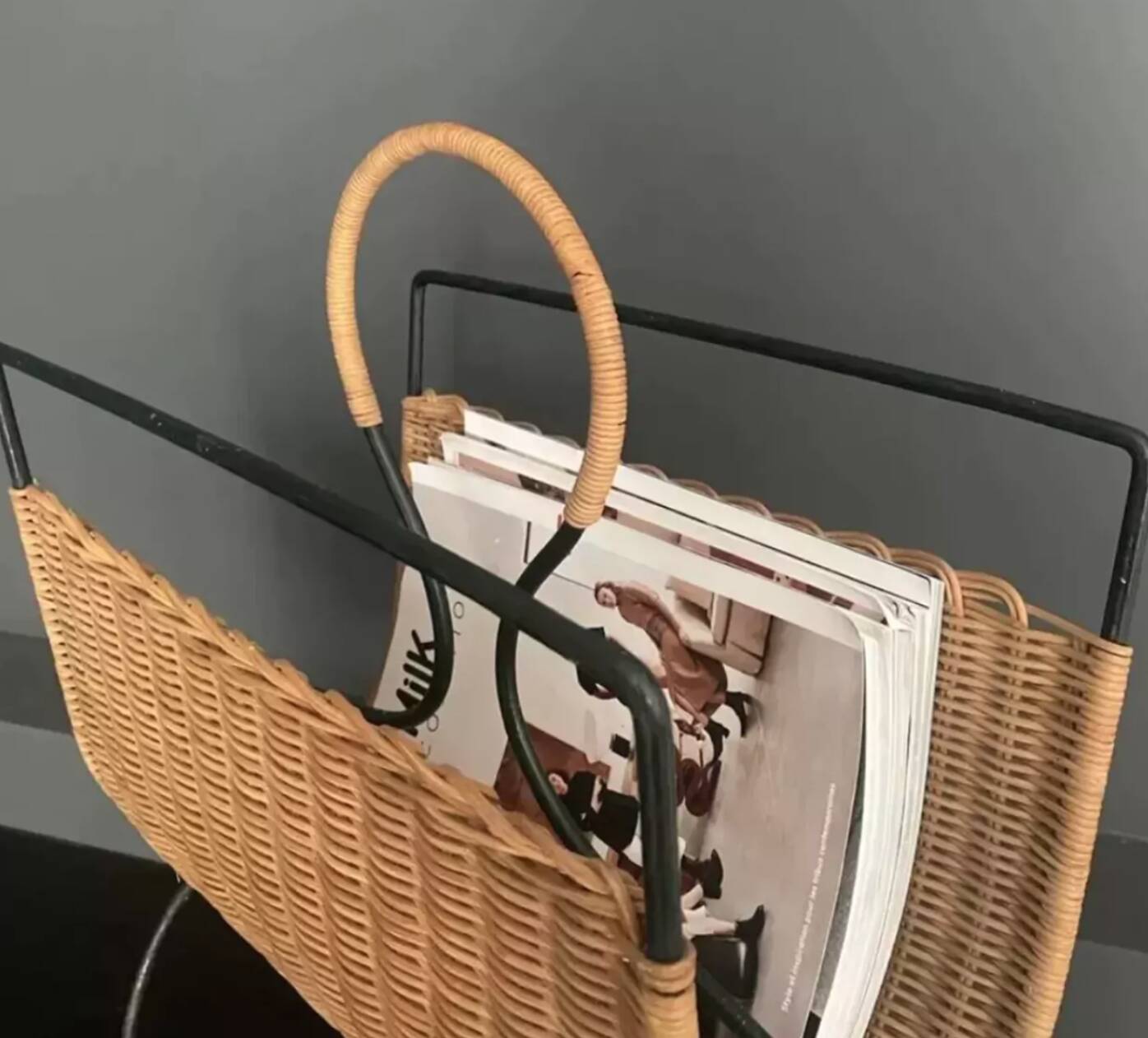 Wicker and lacquered metal magazine holder vintage 1950