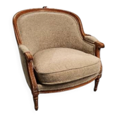 Louis XVI style bergère armchair – carved wood – beige fabric – pi