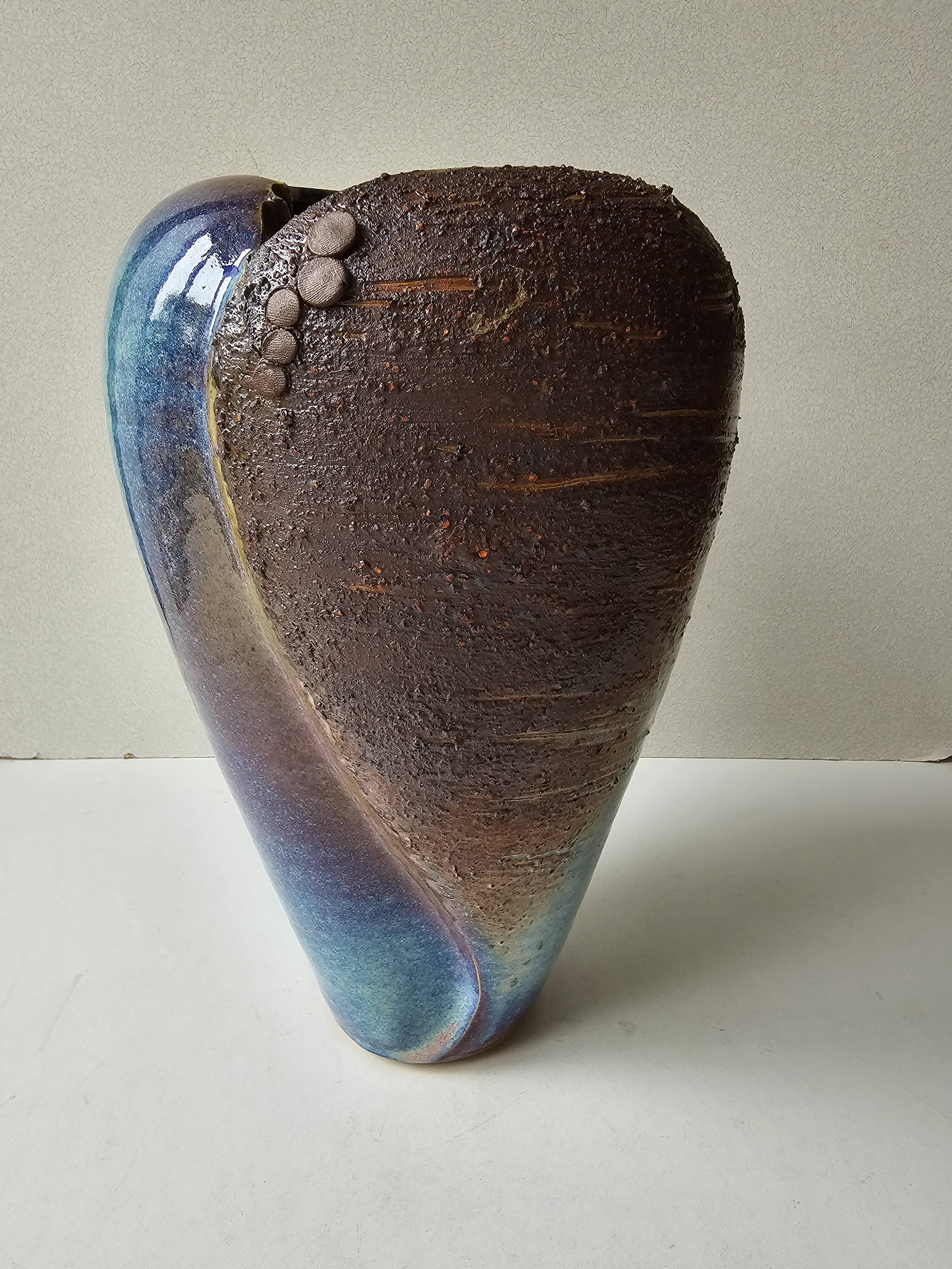 Brutalist ceramic glazed stoneware vase free form (attributed to a & n pinel)