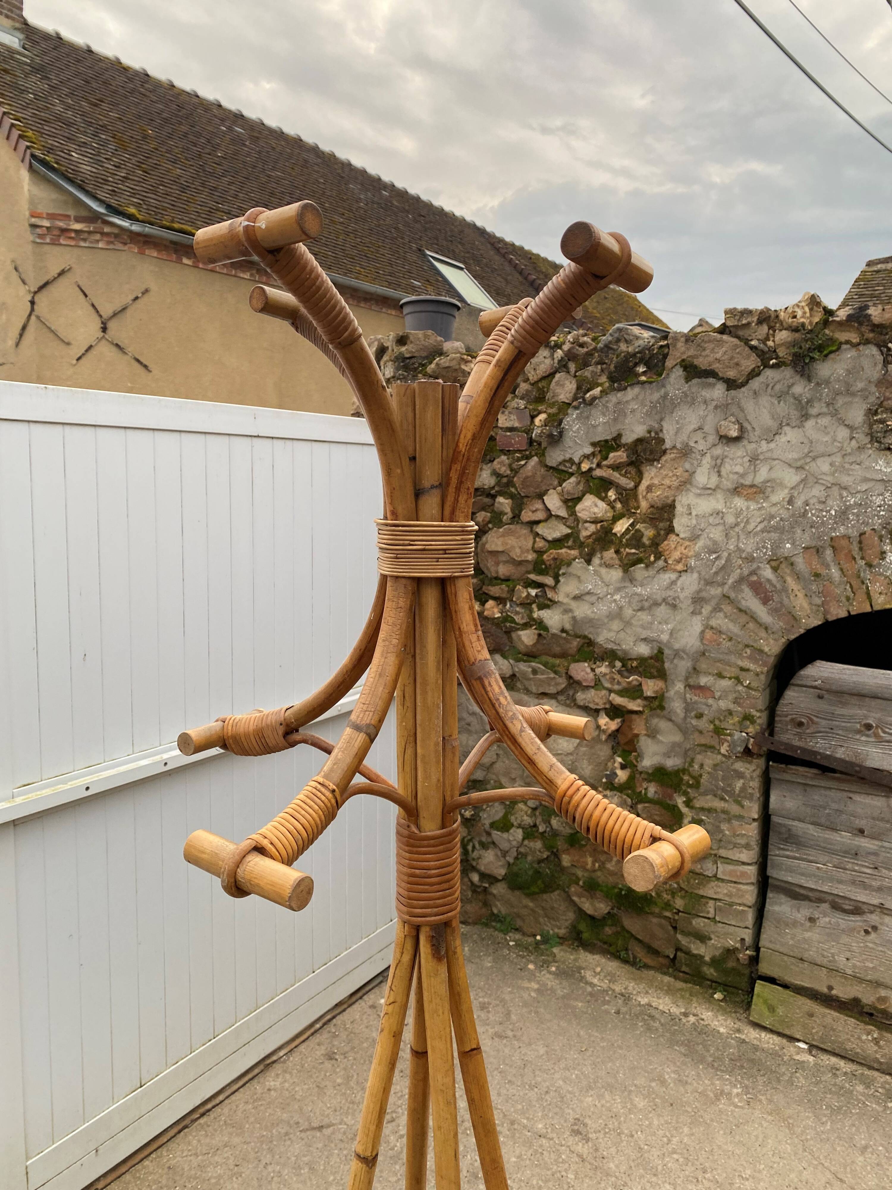 Vintage 1970s rattan coat rack