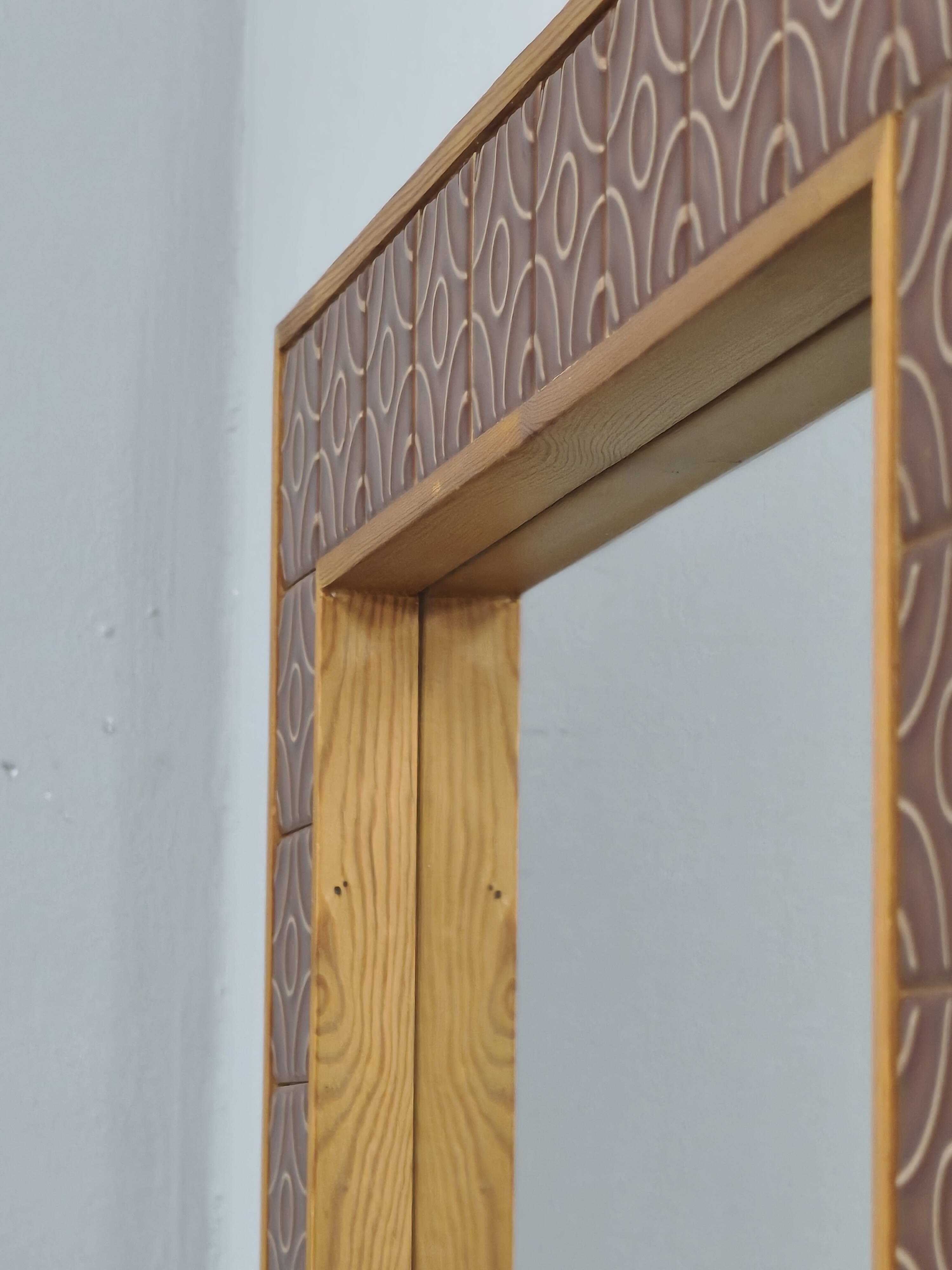 Danish Pine and Ceramic Tile Wall Mirror, 1960s
