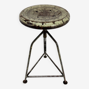 Vintage industrial steel & wood tripod stool with original patina, 1950's