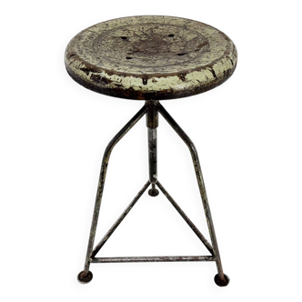 Vintage industrial steel & wood tripod stool with original patina, 1950's