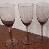 3 purple crystal flutes with finely engraved patterns from the 70s