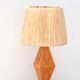 Wooden "totem" lamp, raffia lampshade, 70s
