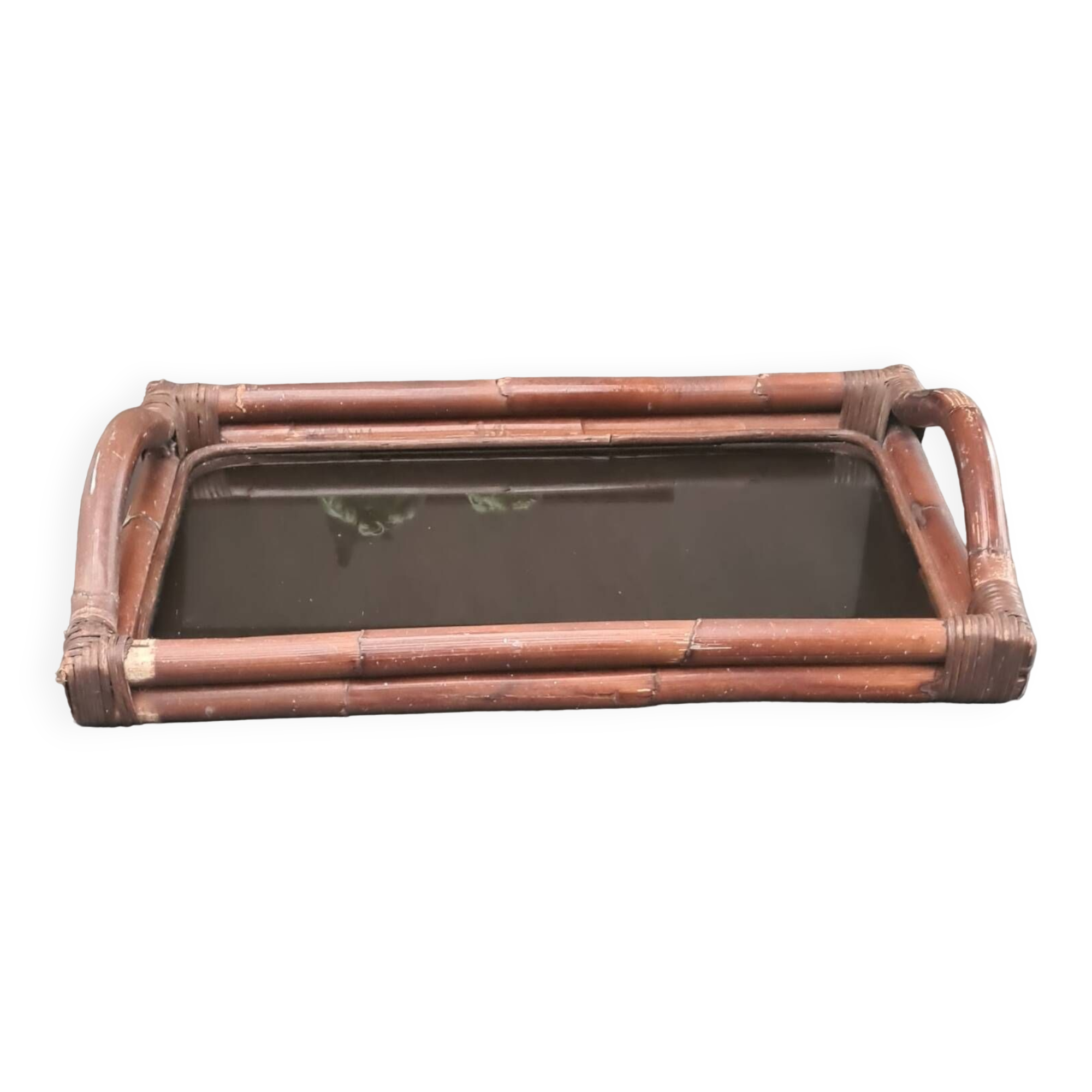 Rattan, bamboo and smoked glass tray