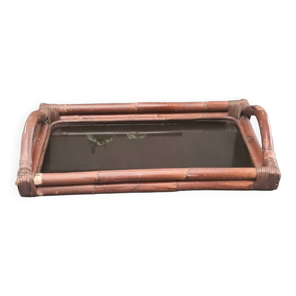Plateau en rotin, bambou et verre fumé
