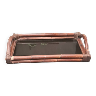 Rattan, bamboo and smoked glass tray