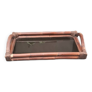 Plateau en rotin, bambou et verre fumé