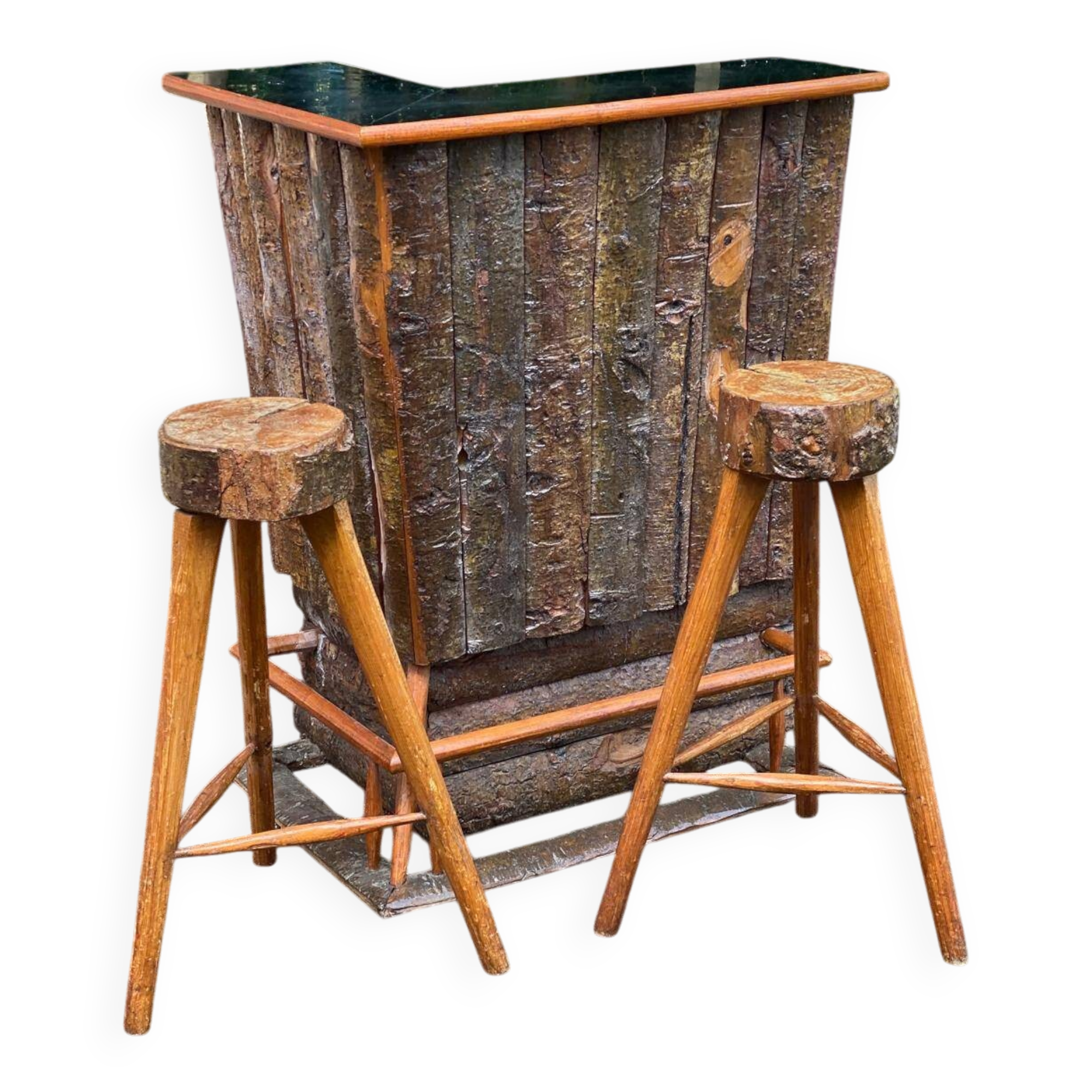 Brutalist wooden bar cabinet with 2 stools