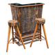Brutalist wooden bar cabinet with 2 stools