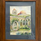 Orientalist watercolor painting "the Patio" signed + pitchpin frame