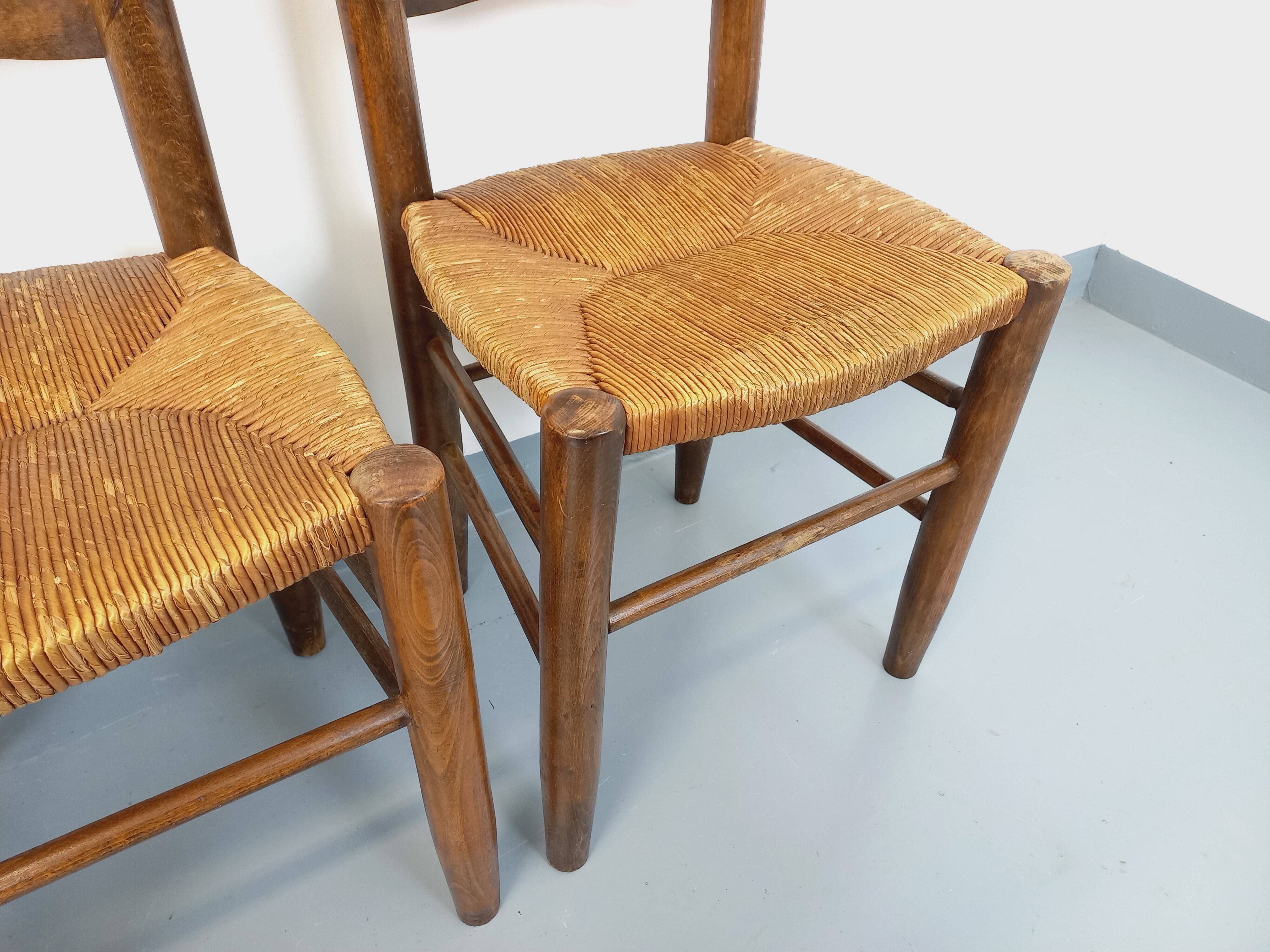 Set of 4 vintage brutalist chairs in wood and straw from the 60s
