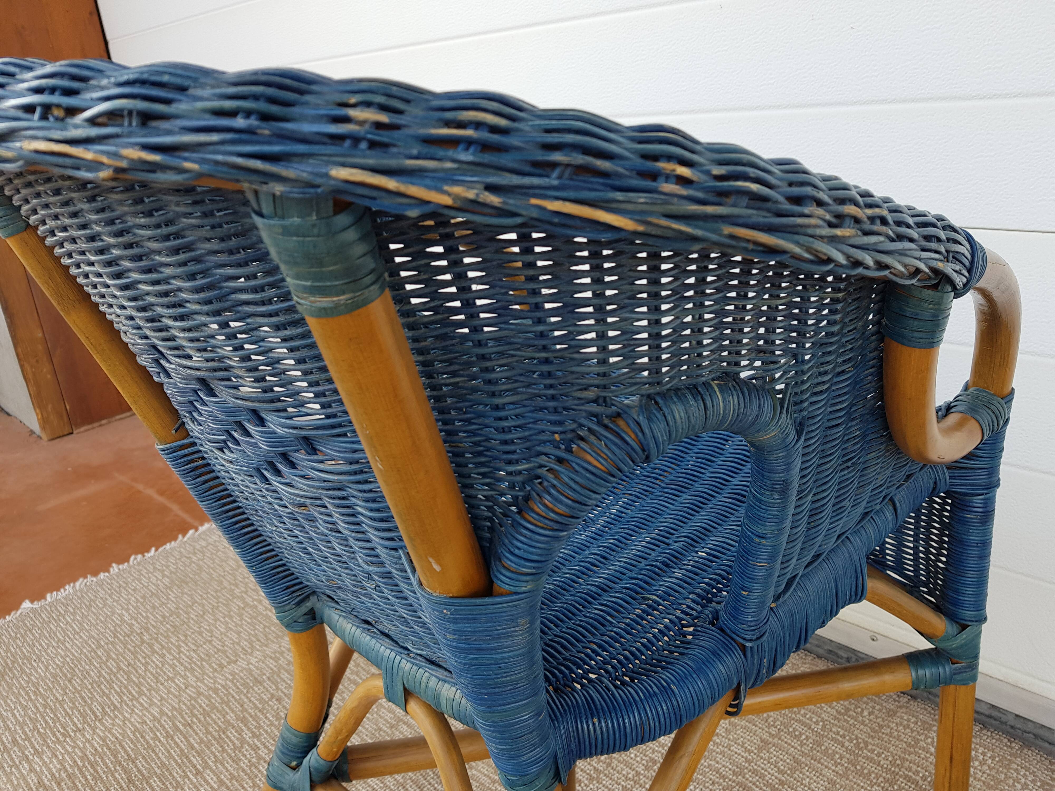 Antique wicker, bamboo and blue rattan armchair, 50's 60's