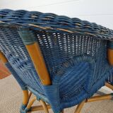 Antique wicker, bamboo and blue rattan armchair, 50's 60's