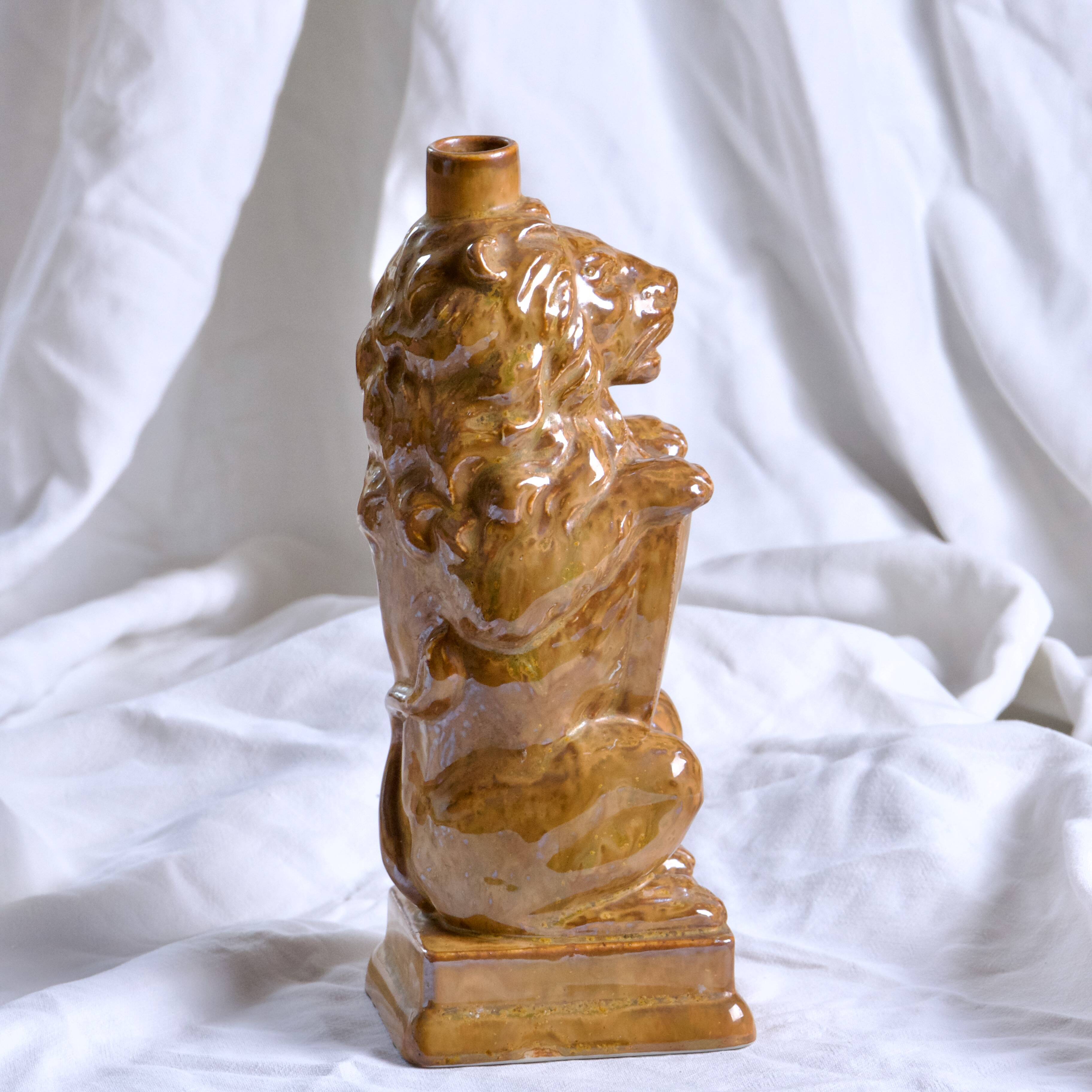 Vase - Antique zoomorphic lion bottle in enamelled stoneware signed Gps