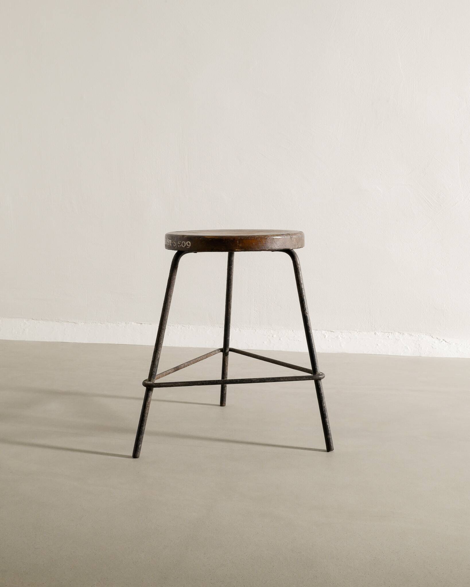 French Mid Century Wooden & Iron Stool by Pierre Jeanneret, 1950s