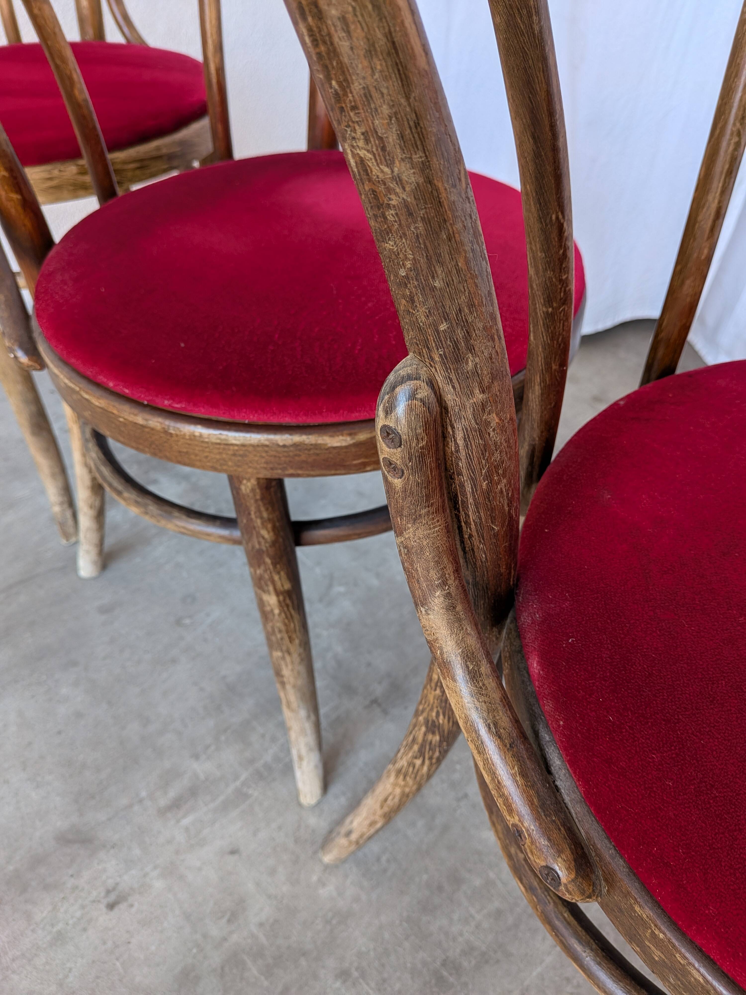 Set of 8 Vintage Bentwood Bistro Chairs: Red Upholstery