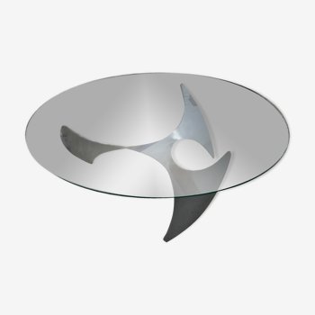 Propeller Round Coffee Table (Helix) by Knut Hesterberg Glass Plate and Metal Base
