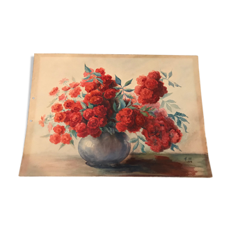 Aquarelle ancienne sur papier dessin, signée et datée 1914. Bouquet de roses dans un vase