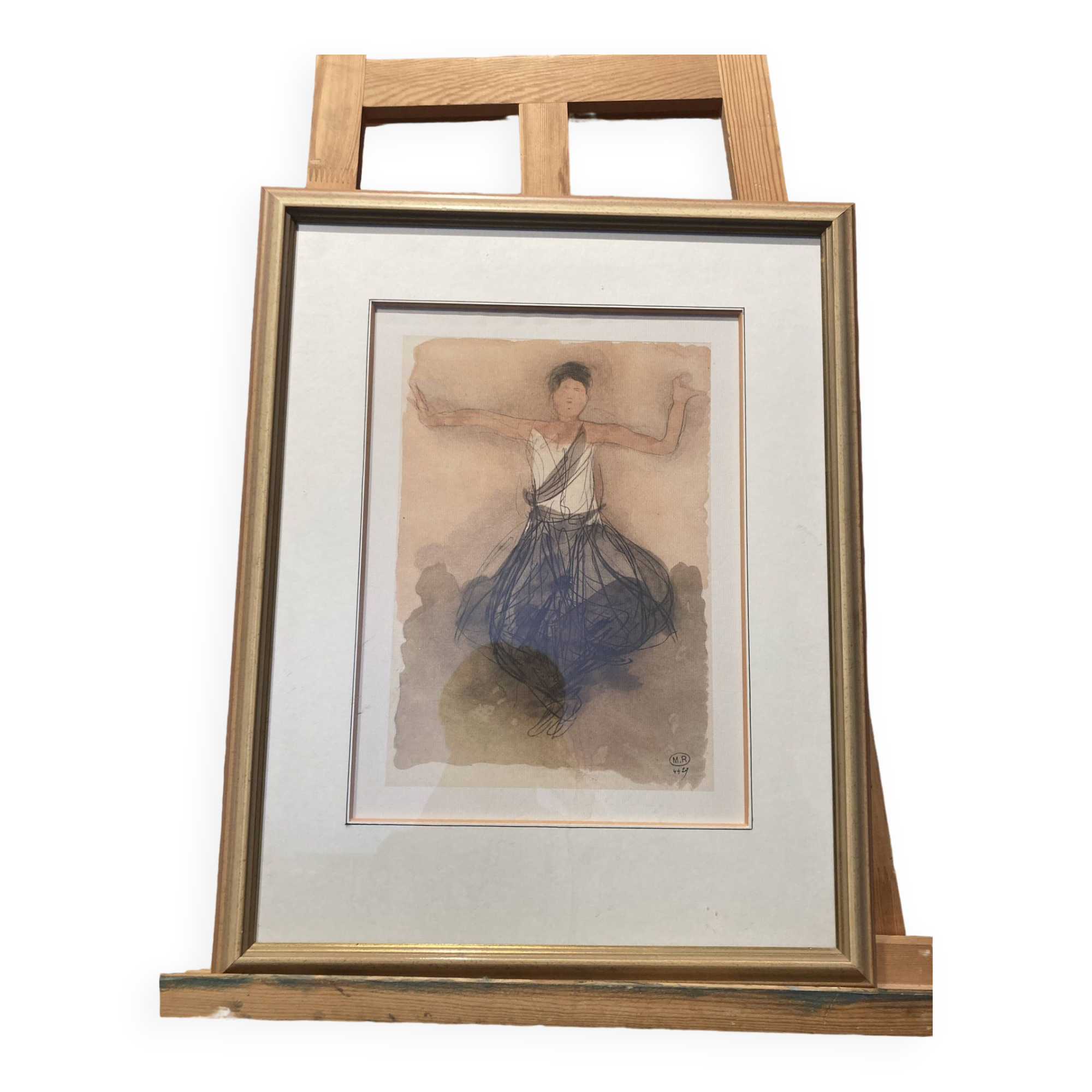 Framed watercolor, signed "M.R 44y"